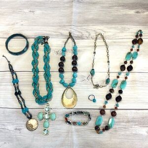 Blue and Turquoise Tone Jewelry Lot of 9 Necklaces Bracelets Ring Pendant